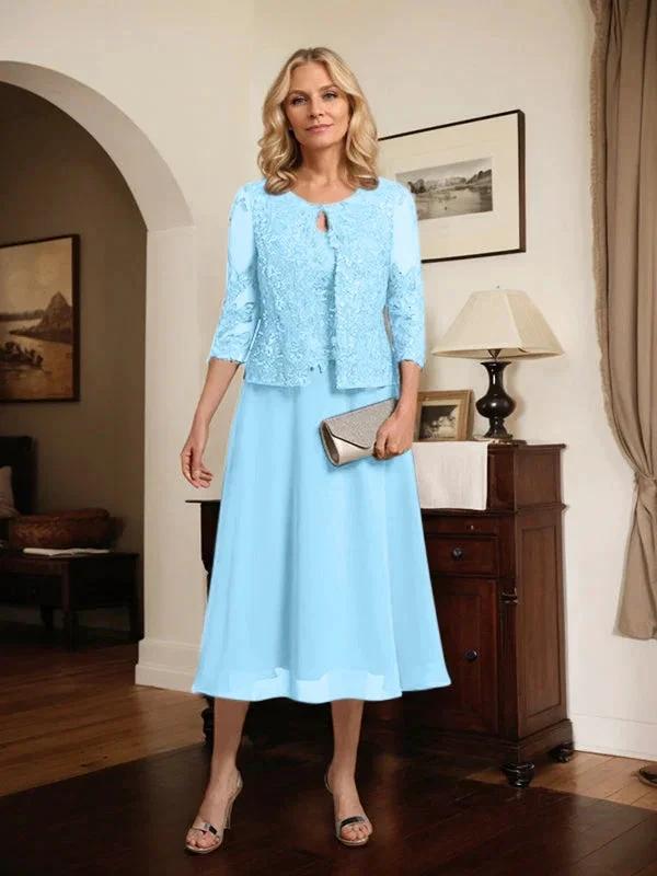 A-line Scoop Tea-Length Lace Chiffon Mother of the Bride Dress With Sequins