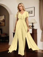 Jumpsuit/Pantsuit V-Neck Floor-Length Chiffon Evening Dress