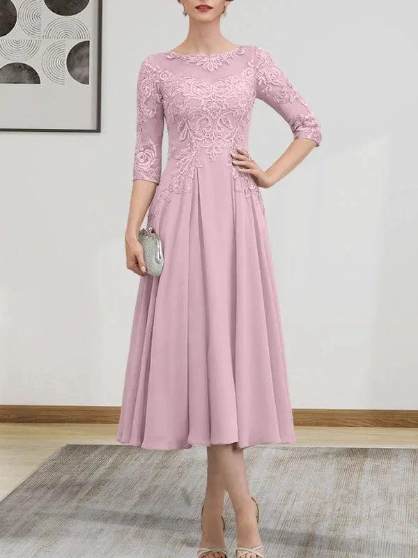 A-line Scoop Illusion Tea-Length Chiffon Lace Mother of the Bride Dress With Beading Sequins