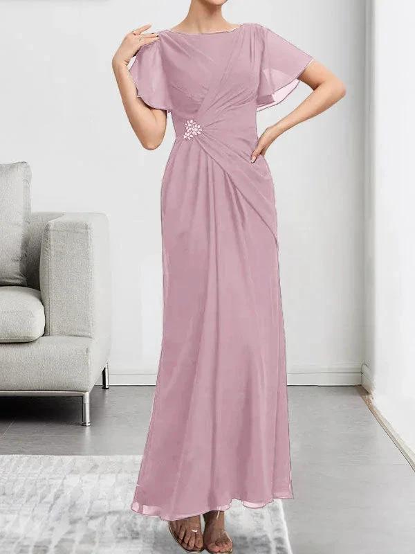 A-line Scoop Ankle-Length Chiffon Mother of the Bride Dress With Beading Pleated