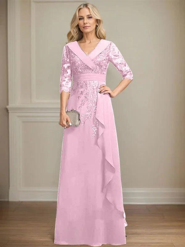 A-line Collared V-Neck Floor-Length Lace Chiffon Mother of the Bride Dress With Sequins Cascading Ruffles