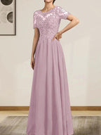 A-line Scoop Illusion Floor-Length Chiffon Lace Mother of the Bride Dress With Sequins Beading