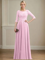 A-line Scoop Illusion Floor-Length Lace Chiffon Mother of the Bride Dress With Sequins