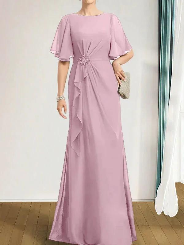 A-line Scoop Floor-Length Chiffon Mother of the Bride Dress With Cascading Ruffles Beading Sequins