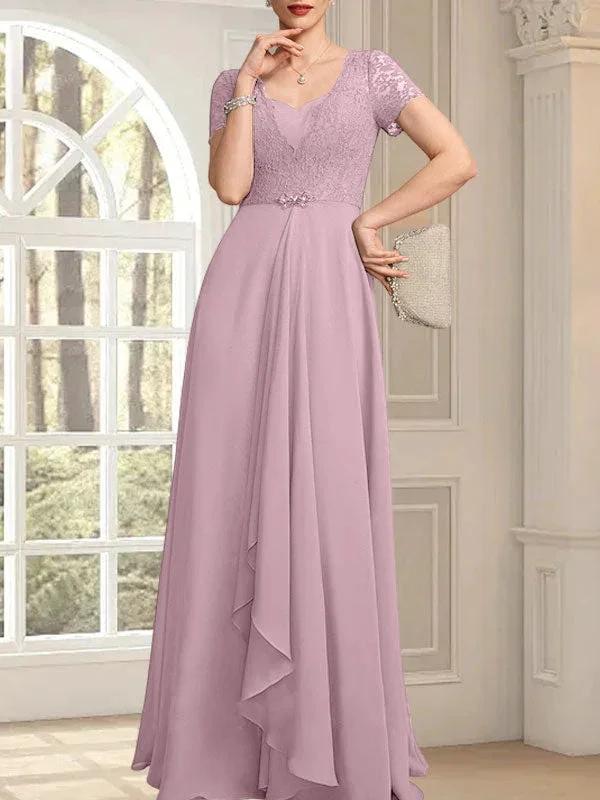 A-line Sweetheart Floor-Length Chiffon Lace Mother of the Bride Dress With Beading Cascading Ruffles
