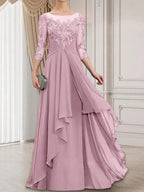 A-line Scoop Illusion Floor-Length Lace Chiffon Mother of the Bride Dress With Cascading Ruffles