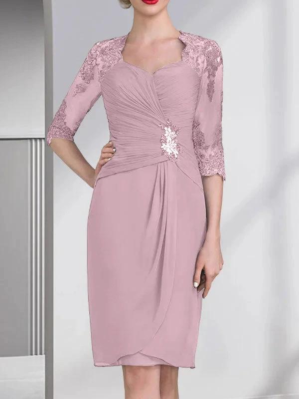 Sheath/Column Sweetheart Knee-Length Chiffon Mother of the Bride Dress With Beading Appliques Lace Sequins Pleated