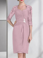 Sheath/Column Sweetheart Knee-Length Chiffon Mother of the Bride Dress With Beading Appliques Lace Sequins Pleated