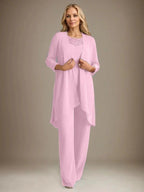 Chiffon Scoop Long Sleeves Mother Of The Bride Pantsuits With Jacket