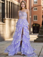 Gold Tulle Sequin One-Shoulder Ruffle Corset Prom Dress with Slit SYP173