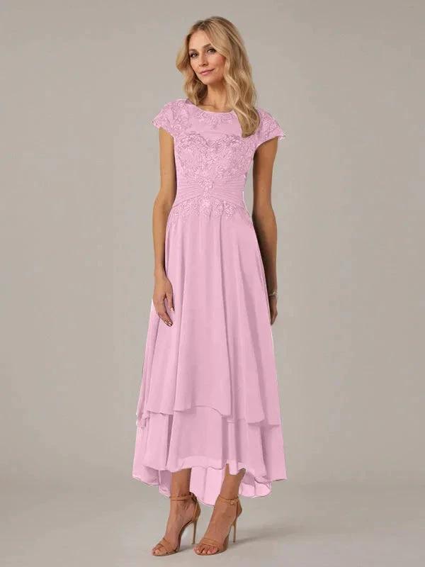 A-line Boat Neck Illusion Asymmetrical Chiffon Lace Mother of the Bride Dress With Applique Pleats