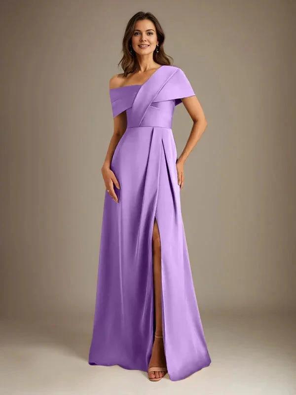 A-Line Asymmetrical Neckline Floor-Length Satin Mother of the Bride Dress With Pleated