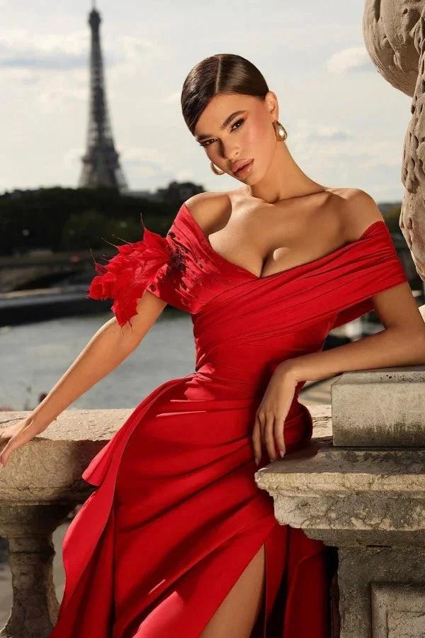 Long Mermaid Off The Shoulder Satin Evening Prom Dresses with Slit