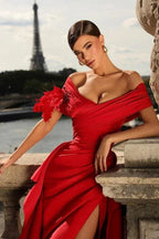 Long Mermaid Off The Shoulder Satin Evening Prom Dresses with Slit