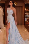 Long Mermaid One Shoulder Satin Sequined Formal Prom Dresses with Slit