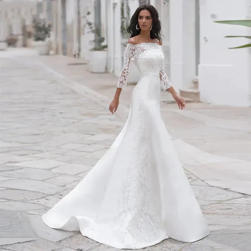 Long Sleeves Lace Wedding Dress For Women Brides Sexy Boat Neck Mermaid Appliques Bridal Gown Custom Made