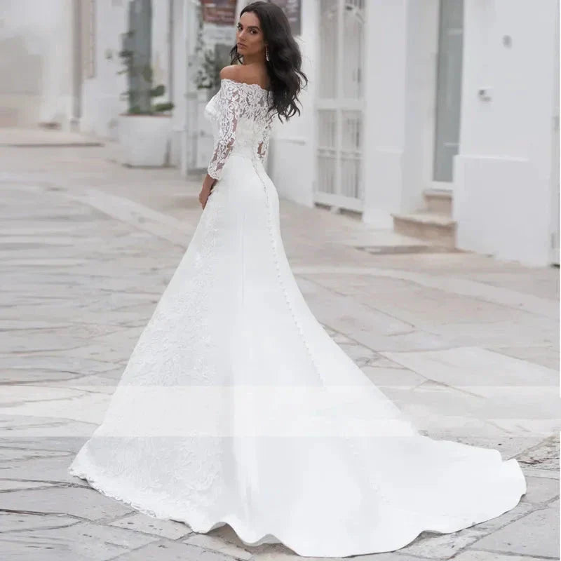 Long Sleeves Lace Wedding Dress For Women Brides Sexy Boat Neck Mermaid Appliques Bridal Gown Custom Made