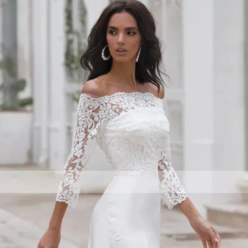 Long Sleeves Lace Wedding Dress For Women Brides Sexy Boat Neck Mermaid Appliques Bridal Gown Custom Made