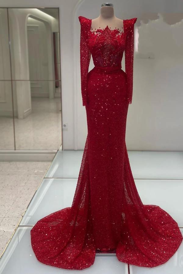 Exquisite Square Neck Long Sleeves Sequined Mermaid Prom Dresses