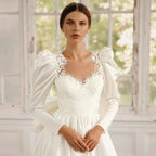 Long Sleeves Satin Wedding Dresses For Women With Bow Bridal Gowns Sweetheart Vestido De Noiva Robe Floor Length Custom 2023