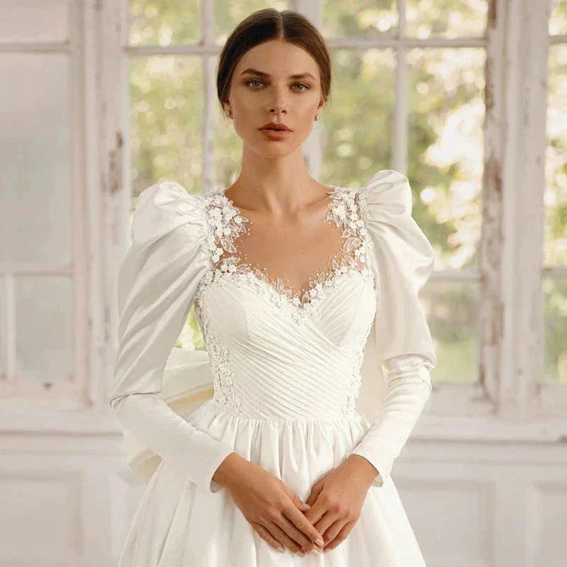 Long Sleeves Satin Wedding Dresses For Women With Bow Bridal Gowns Sweetheart Vestido De Noiva Robe Floor Length Custom 2023