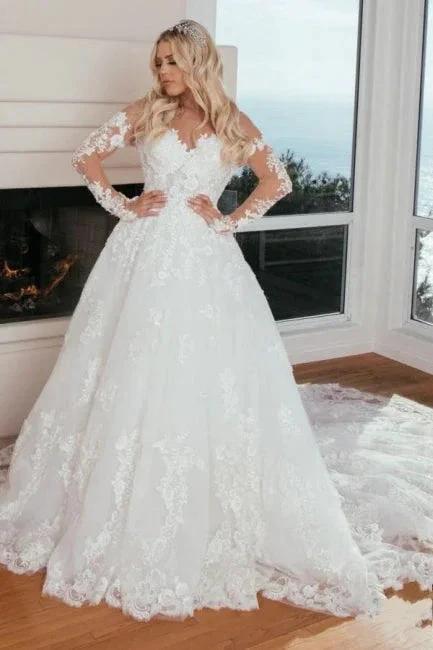 Long Sleeves Sweetheart A-Line Princess Wedding Dress with Lace