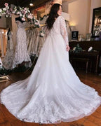Long Sleeves V-Neck Plus Size Chiffon Wedding Dress