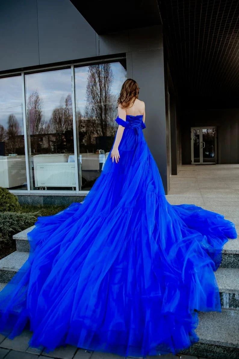 Royal blue long tulle dress with train SYP16