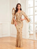 Luxury Champagne Evening Dresses For Women 2025 Long Sleeve Mermaid Formal Sequins V-neck Prom Wedding Party Gowns