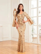 Luxury Champagne Evening Dresses For Women 2025 Long Sleeve Mermaid Formal Sequins V-neck Prom Wedding Party Gowns