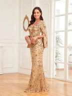 Luxury Champagne Evening Dresses For Women 2025 Long Sleeve Mermaid Formal Sequins V-neck Prom Wedding Party Gowns