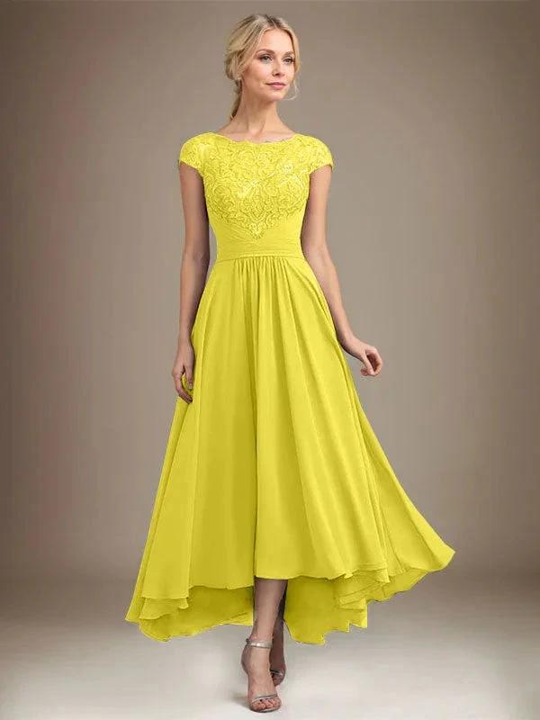 A-line Scoop Illusion Asymmetrical Lace Chiffon Mother of the Bride Dress With Pleated