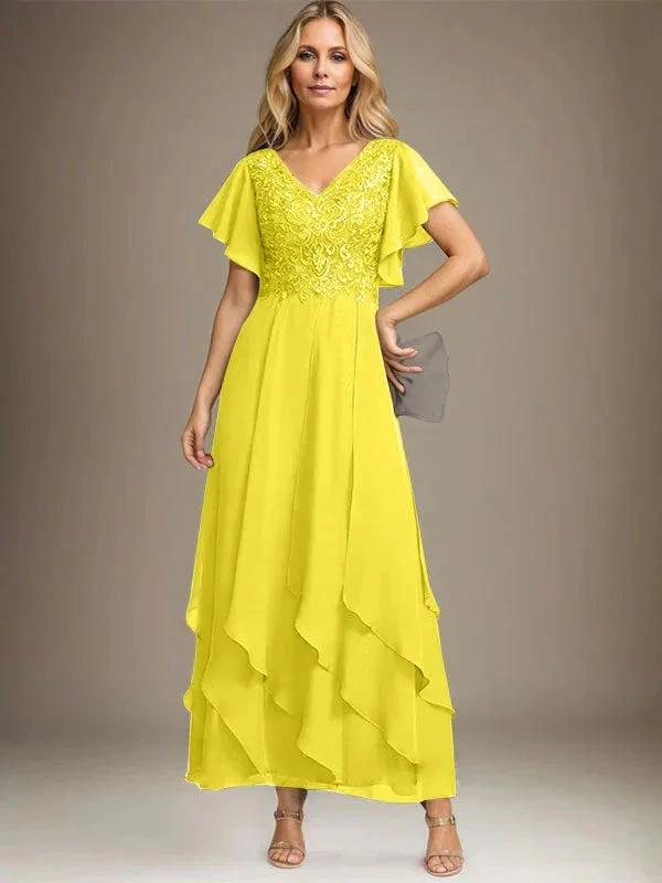 A-line V-Neck Ankle-Length Lace Chiffon Mother of the Bride Dress With Cascading Ruffles