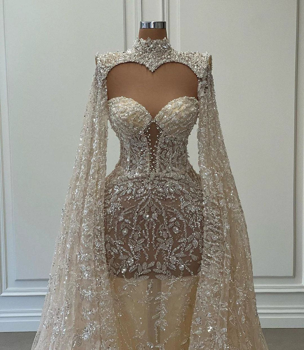 Luxurious Long Mermaid High Neck Glitter Lace Prom Dress With Sleeves
