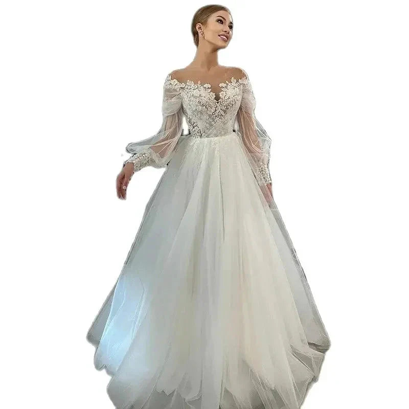 Luxurious White Bridal Gown Tulle with Applique Lace O-Neck A-Line Floor-Length Wedding Dress for Women vestidos de novia