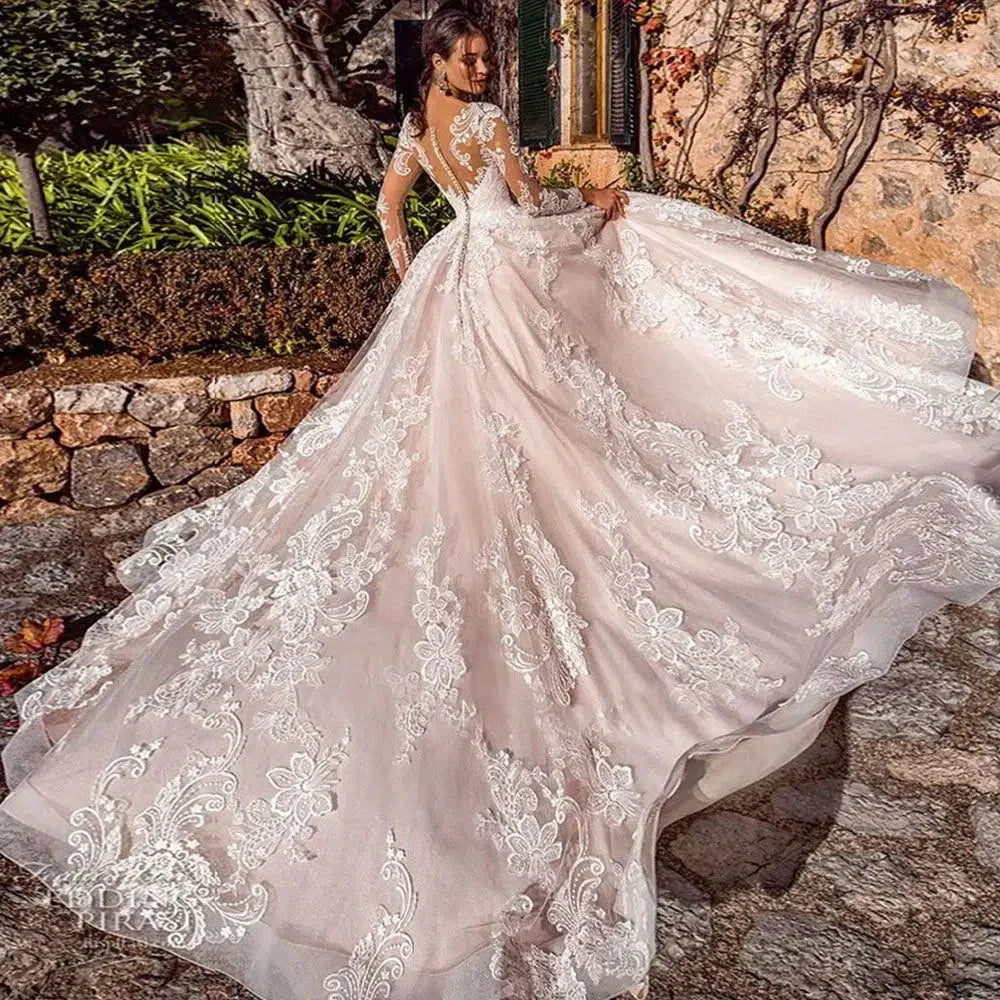 Luxury Ball Gown Vestidos De Novia Appliques Vestido De Noiva Long Sleeve Wedding Dresses Lace Robe De Mariée
