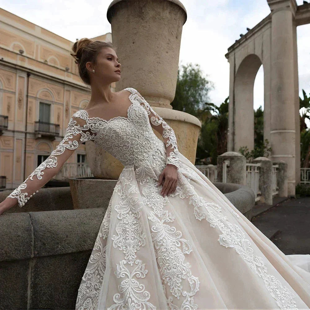 Luxury Lace Applique Wedding Dresses Long Sleeve Women's Elegant Muslim Sweetheart Fine Champagne Bridal Gowns Trailing Dress De