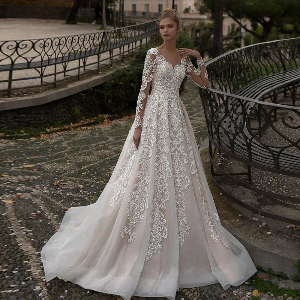 Luxury Lace Applique Wedding Dresses Long Sleeve Women's Elegant Muslim Sweetheart Fine Champagne Bridal Gowns Trailing Dress De