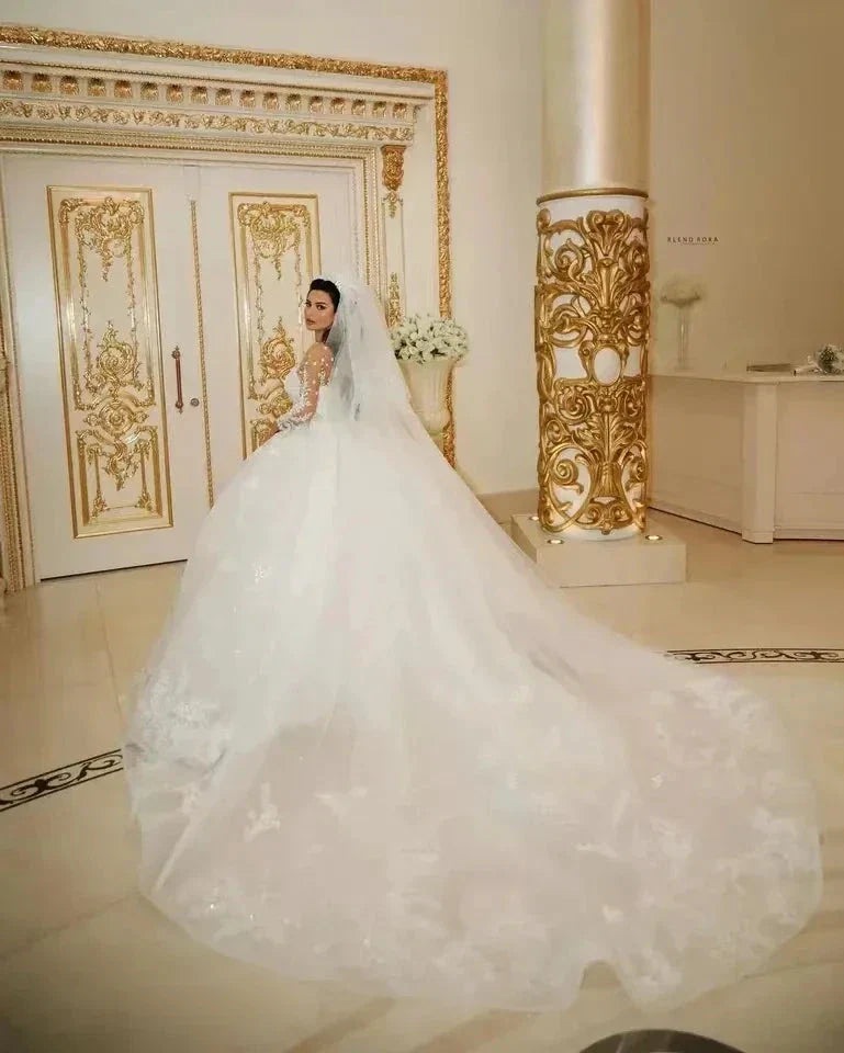 Luxury Sparkly Wedding Dresses 2024 Sheer Neck Glitter Sequins Long Sleeves Lace Applique Elegant Bridal Gowns Vestido De Novia