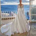 Luxury Wedding Dress For Women 2024 Modern V-neck Full Sleeves Illusion Tulle Bridal Gown A-Line Button Backless Robe