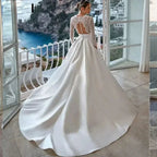 Luxury Wedding Dress For Women 2024 Modern V-neck Full Sleeves Illusion Tulle Bridal Gown A-Line Button Backless Robe