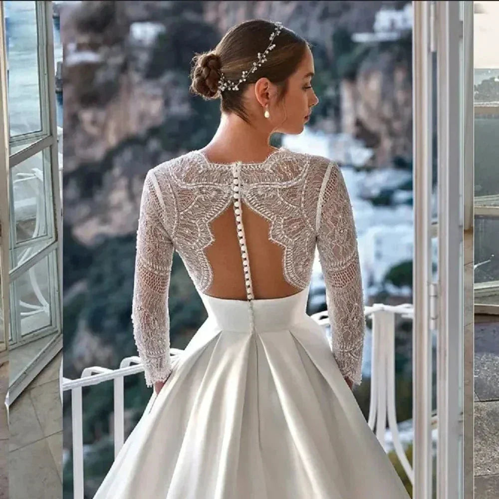 Luxury Wedding Dress For Women 2024 Modern V-neck Full Sleeves Illusion Tulle Bridal Gown A-Line Button Backless Robe