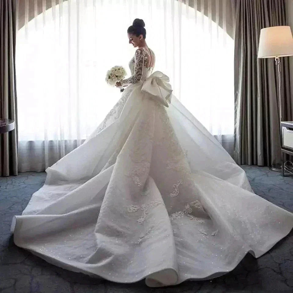 Luxury Women's Lace Wedding Dresses Detachable 2-Piece Set Gorgeous Decal Mermaid Long Sleeve Princess Formal Beach Bride Gowns