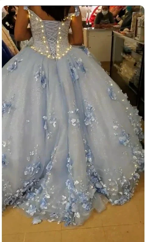 Light Blue Long Dress Cute 3D Applique Off Shoulder Ball Gown Princess Dress Y260