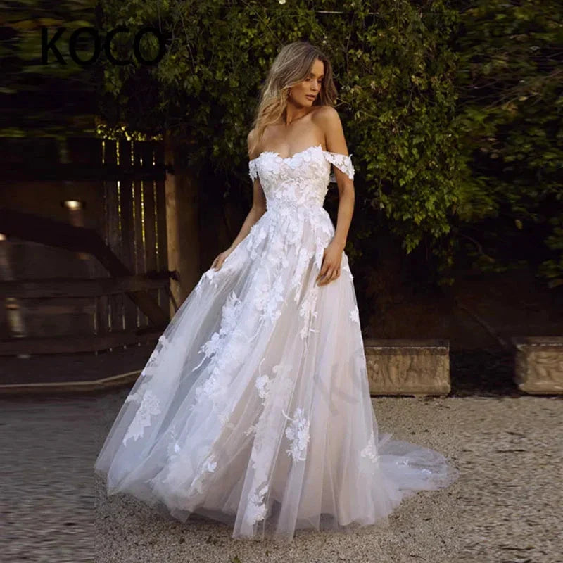 MACDOUGAL Boho Wedding Dress off The Shoulder Vintage Lace Appliques Bride Dresses Vestido De Novia Custom Made For Women
