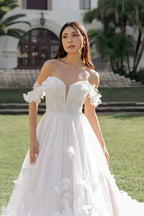 Whimsical Tulle Ballgown Wedding Dress With 3D Flowers And Off the Shoulder Straps Sweetheart  Custom Made For Women