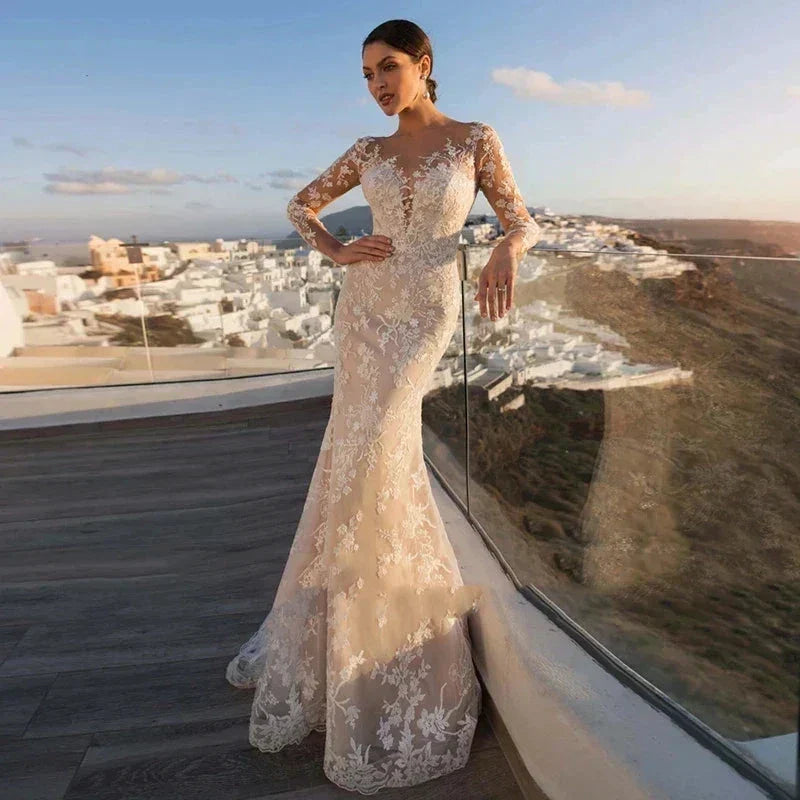 MACDUGAL Wedding Dress 2023 Luxury Sexy Lace Self-Cultivation Detachable Train Elegant Long Sleeves Button Vestido De Novia