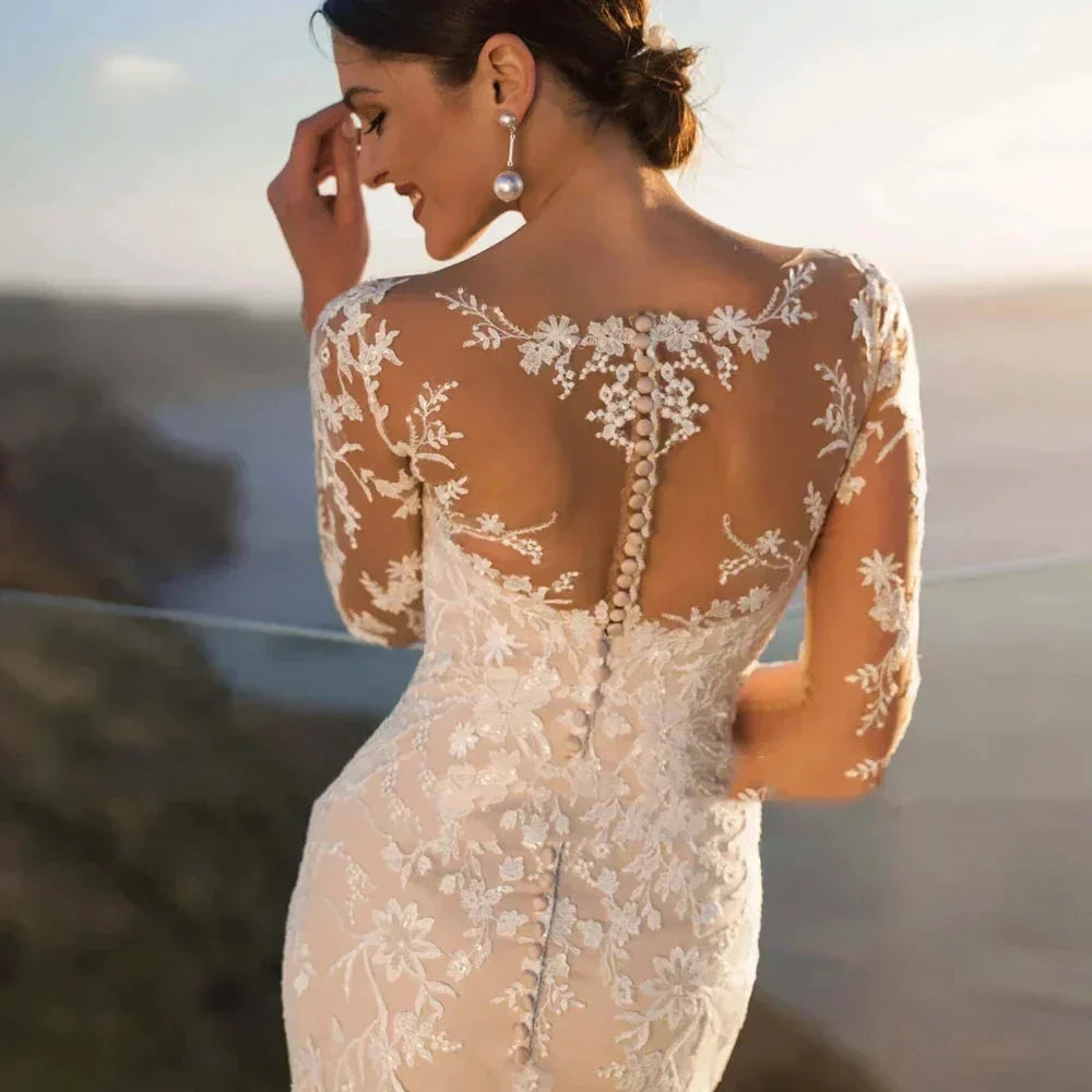 MACDUGAL Wedding Dress 2023 Luxury Sexy Lace Self-Cultivation Detachable Train Elegant Long Sleeves Button Vestido De Novia
