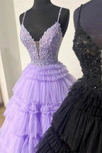 Hadlee | Black Beaded Spaghetti Strap Ruffle Tiered Ball Gown