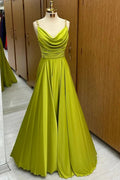 Carter | Olive Green Cowl Neck Chain Strap A-Line Long Prom Dress